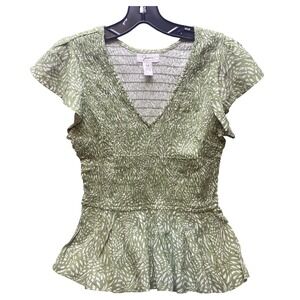 Jopaa Shirt Womens Medium Green‎ Shirred Bodice Flutter Sleeve Fairycore Cottage